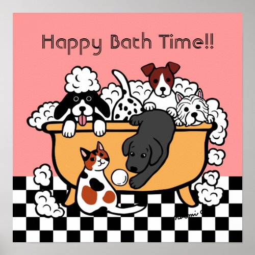 Happy Bath Time Black Labrador Cartoon Poster