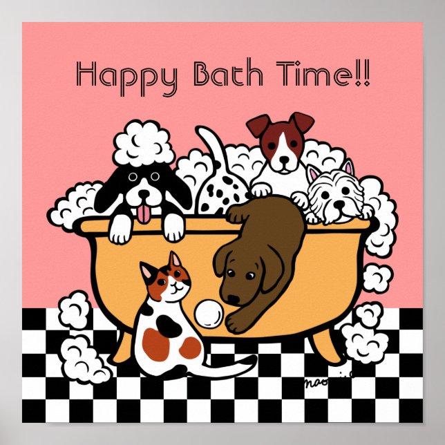 Happy Bath Time Chocolate Labrador Cartoon Poster (Front)
