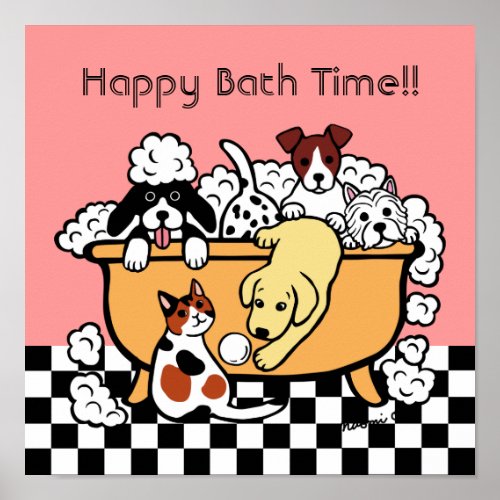 Happy Bath Time Yellow Labrador Cartoon Poster