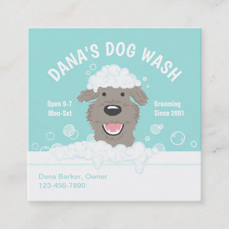 Happy Bathtub Dog | Pet Grooming | Cute Cartoon Square Business Card |  Zazzle