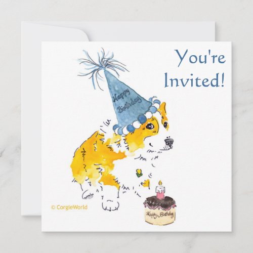 Happy BDay Corgi Card Blue Streamers Hat Invitation