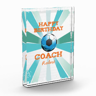 Happy Bday Soccer Coach Orange/Teal/Blue Starburst Acrylic Award