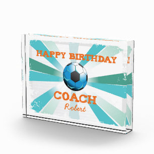 Happy Bday Soccer Coach Orange/Teal/Blue Starburst Award