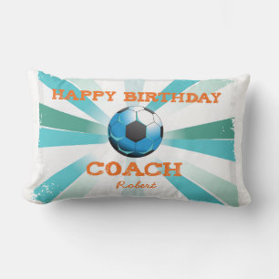 Happy Bday Soccer Coach Orange/Teal/Blue Starburst Lumbar Pillow