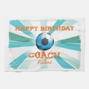Happy Bday Soccer Coach Orange/Teal/Blue Starburst Towel