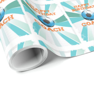 Happy Bday Soccer Coach Orange/Teal/Blue Starburst Wrapping Paper