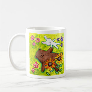 Happy Bear and Bunny Couple on Grass Sweethearts Coffee Mug
