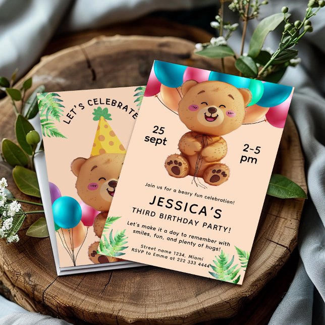 Happy Bear Balloons Birthday Party Invitation (Creator Uploaded)