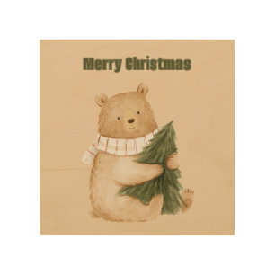 Happy Bear Christmas Tree Wood Wall Art