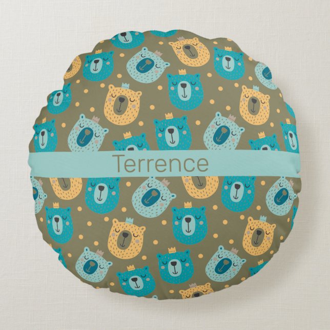 Happy Bear Kings Personalized Baby  Round Pillow (Front)