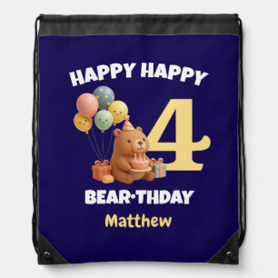 HAPPY BEAR-THDAY Custom Teddy Bear 4th Birthday Drawstring Bag
