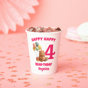 HAPPY BEAR-THDAY Custom Teddy Bear 4th Birthday Paper Cups