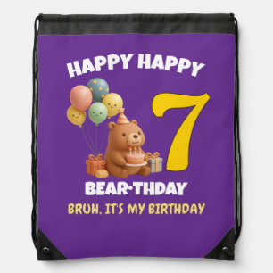 HAPPY BEAR-THDAY Custom Teddy Bear 7th Birthday Drawstring Bag