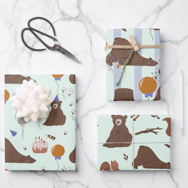 Happy Bear-thday Woodland Bear Birthday Wrapping Paper Sheets (Front)