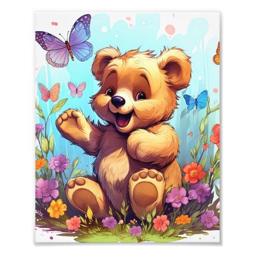 Happy Bear With Butterfly and Flower  Photo Print