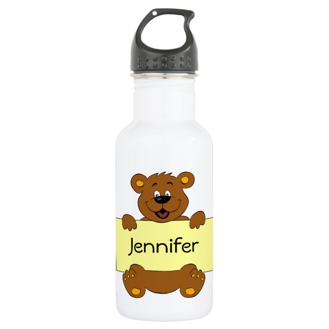 Happy bear with customizable banner cartoon kids stainless steel water bottle (Front)