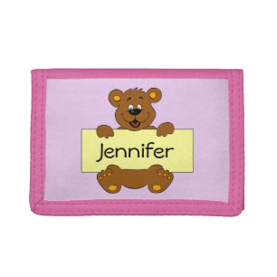 Happy bear with name banner cartoon pink girl tri-fold wallet