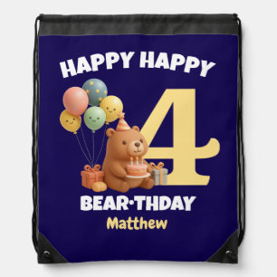 HAPPY BEARTHDAY Custom Teddy Bear 4th Birthday Drawstring Bag