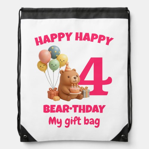 HAPPY BEARTHDAY Cute 4th Birthday Teddy Bear Drawstring Bag