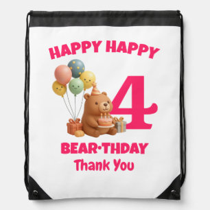 HAPPY BEARTHDAY Cute 4th Birthday Teddy Bear Drawstring Bag