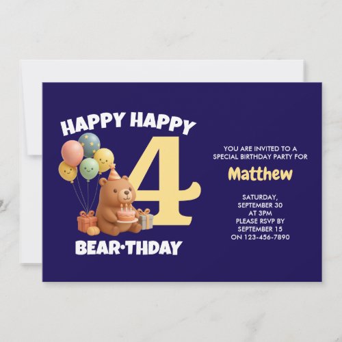 HAPPY BEARTHDAY Teddy Bear 4th Birthday Invitation