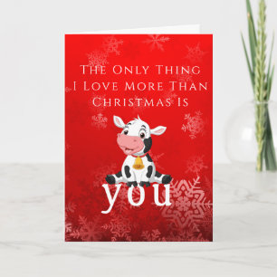 Happy Beautiful Baby Cow Christmas Red Card