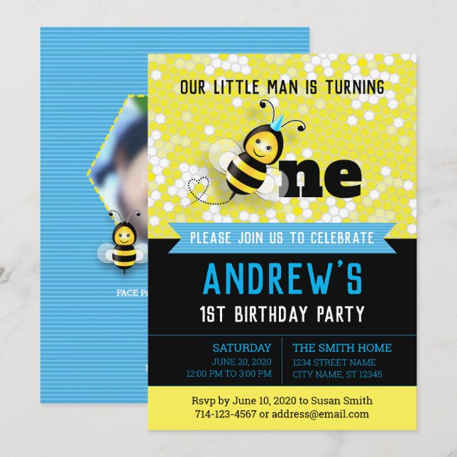 Happy Bee 1st Birthday Invitation with picture (Front/Back)