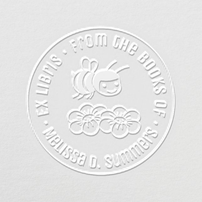 Happy Bee and Flowers Round Bookplate Embosser (Design)