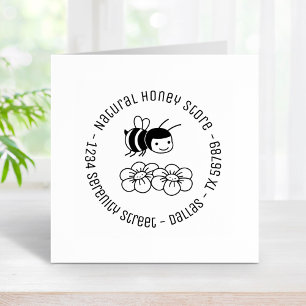 Happy Bee and Flowers Round Business Address 4 Rubber Stamp
