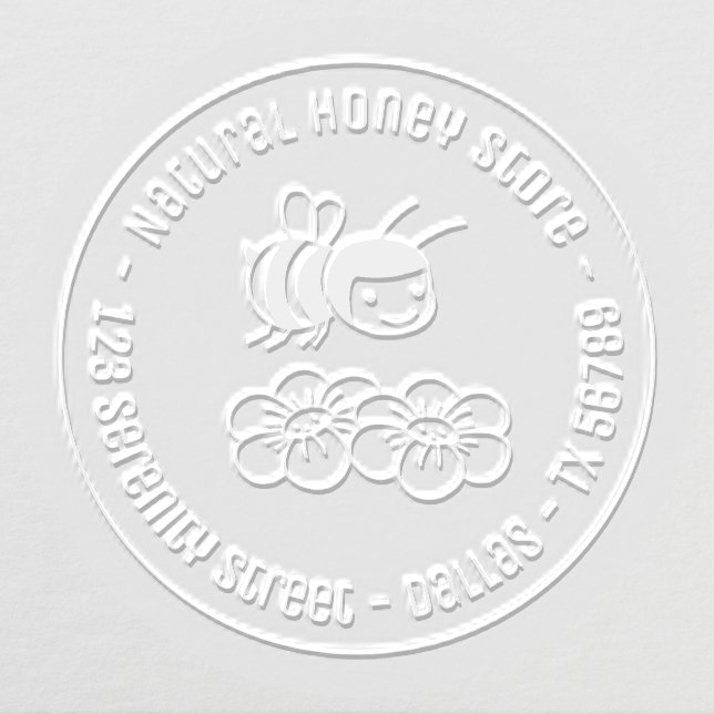 Happy Bee and Flowers Round Business Address Embosser (Design)