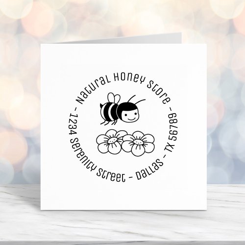 Happy Bee and Flowers Round Business Address Self_inking Stamp