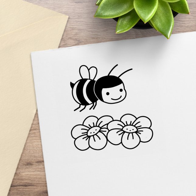 Happy Bee and Flowers Rubber Stamp (Creator Uploaded)