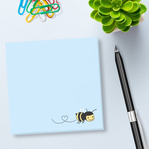 Happy Bee Buzzing Around on Blue Post_it Notes