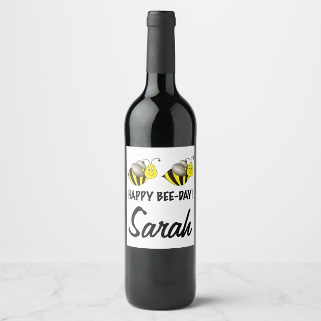 Happy Bee Day Bday Bumblebee Personalized Birthday Wine Label (Front)