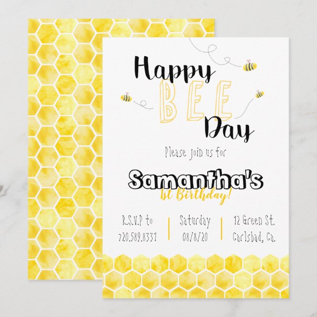 Happy Bee-Day Bee Theme Birthday Black and yellow Invitation (Front/Back)