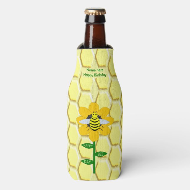 Happy Bee Day Birthday Bumblebee Custom Bottle Cooler (Bottle Front)