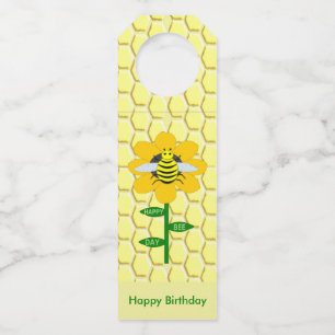 Happy Bee Day Birthday Bumblebee Custom Bottle Hanger Tag