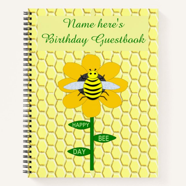 Happy Bee Day Birthday Bumblebee Custom Guestbook Notebook (Front)