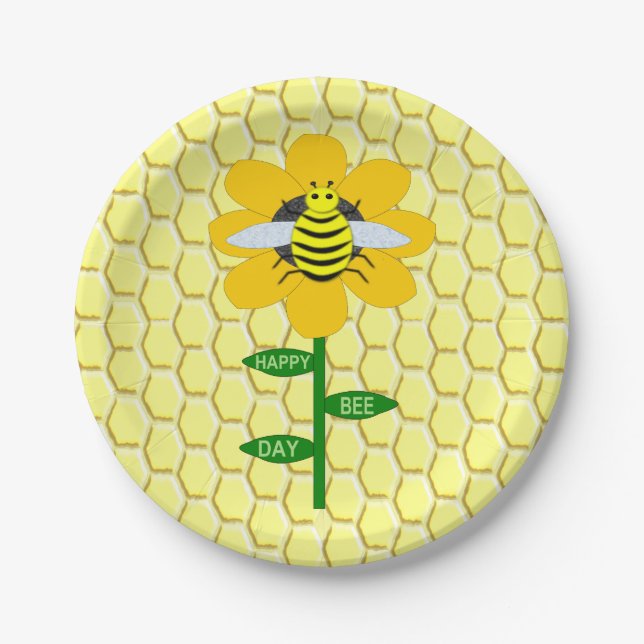 Happy Bee Day Birthday Bumblebee Paper Plates (Front)