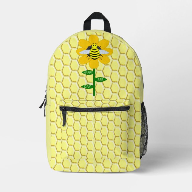 Happy Bee Day Birthday Bumblebee Printed Backpack (Front)