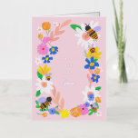 Happy Bee Day Birthday Card<br><div class="desc">Adorable and brightly colored bee and flower garden design on a pink background with the words "Happy Bee Day Queen".</div>
