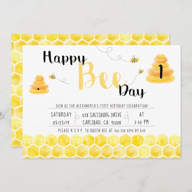 Happy Bee Day Black and Yellow Bee Themed Party Invitation (Front/Back)