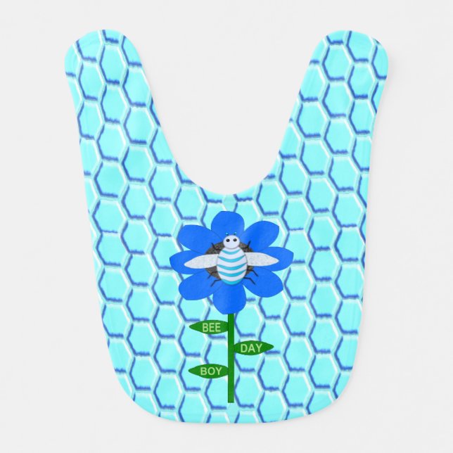 Happy Bee Day Boy Blue Birthday Bumblebee Baby Bib (Front)