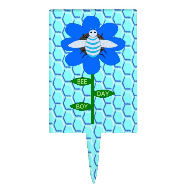 Happy Bee Day Boy Blue Birthday Bumblebee Cake Topper (Front)