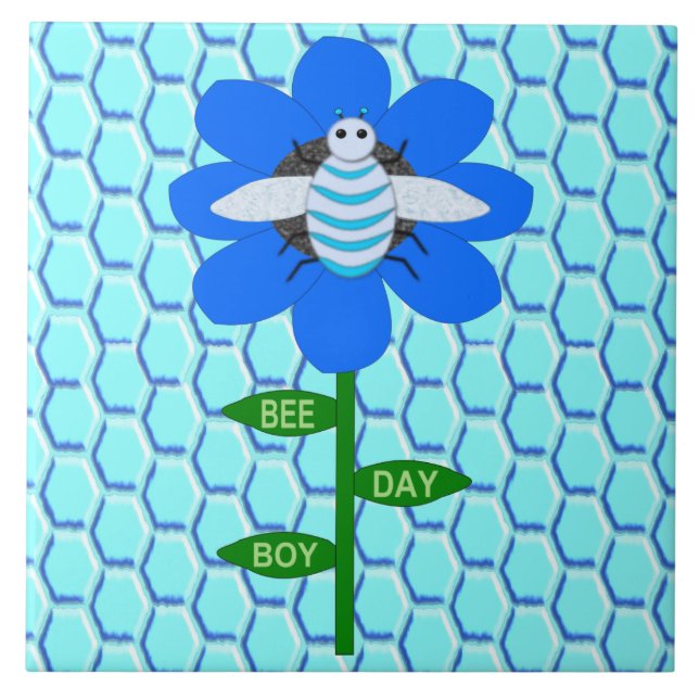 Happy Bee Day Boy Blue Birthday Bumblebee Ceramic Tile (Front)