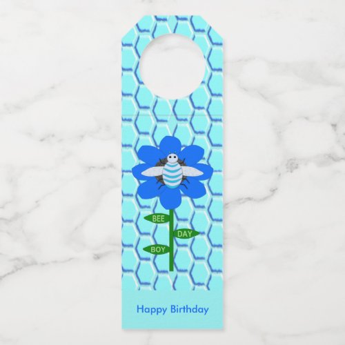 Happy Bee Day Boy Blue Birthday Bumblebee  Custom Bottle Hanger Tag