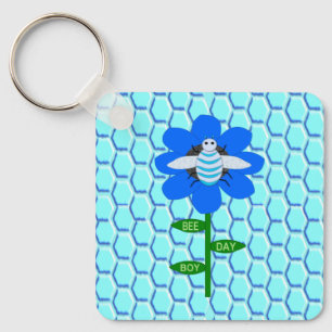 Happy Bee Day Boy Blue Birthday Bumblebee Custom Keychain