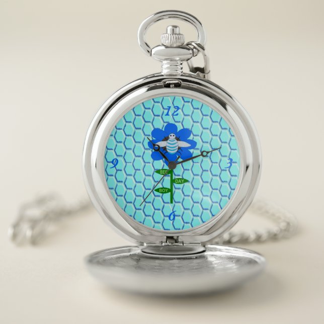 Happy Bee Day Boy Blue Birthday Bumblebee Pocket Watch (Inside)
