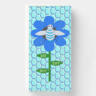Happy Bee Day Boy Blue Birthday Bumblebee Wooden Box Sign