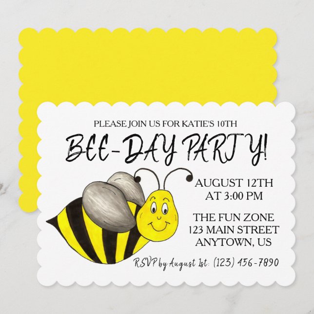Happy Bee-Day Bumblebee Yellow Bumble Bee Birthday Invitation (Front/Back)